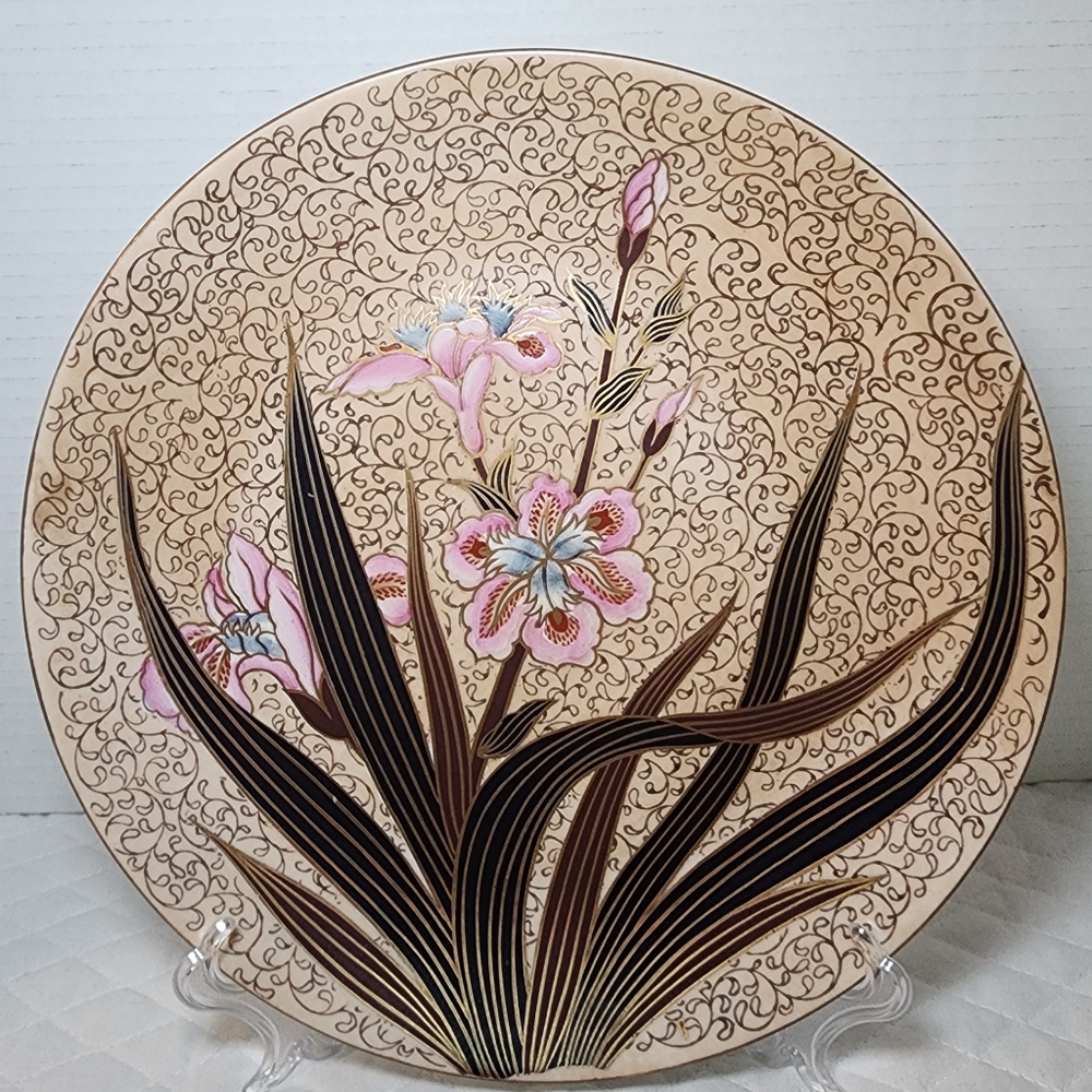 Vintage Pink Iris Porcelain Display Plate - Hand Painted in the Macau Style